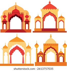 Set Of Rajasthani palace backdrop with ornate arches and jharokhas for a wedding stage, Indian Wedding Decor Vector Design Vector