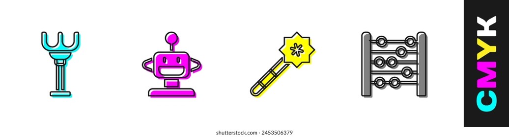 Set Rake toy, Robot, Magic wand and Abacus icon. Vector