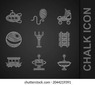 Set Rake toy, Robot, Whirligig, Toy railway, Passenger train cars, Beach ball, Roller skate and Submarine icon. Vector