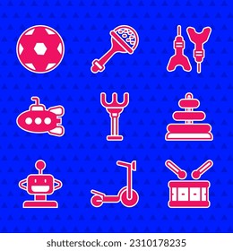 Set Rake toy, Roller scooter, Drum with drum sticks, Pyramid, Robot, Submarine, Dart arrow and Soccer football ball icon. Vector