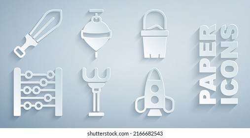 Set Rake toy, Sand in bucket, Abacus, Rocket ship, Whirligig and Sword icon. Vector