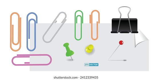 set of ralistic binder clips on white background. Eps Vector