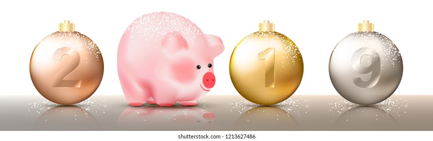 Set of ralistic Christmas transparent Baubles, spheres or balls in metallic gold colors with numbers 2019 and chinese symbol pig with reflactions. New Year horizontal banner. Vector Illustration