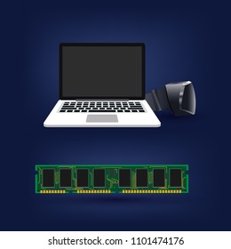 set, Ram is equipment  Computer and laptop Ram and VR  on dark blue background.
