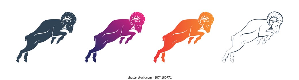 Set of ram profile icons with a large horn. Side view. Zodiac astrological symbol of the sheep. Aries illustration vector flat design. Silhuette of a goat's head  as a mascot of fortune and sport