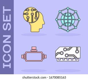 Set RAM, random access memory, Human brain as digital circuit board, Virtual reality glasses and Global technology or social network icon. Vector