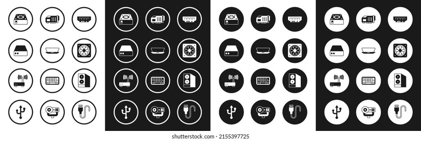 Set RAM, random access memory, Laptop, Server, Data, Web Hosting, Computer cooler, Video graphic card, Case of computer and Router wi-fi signal icon. Vector