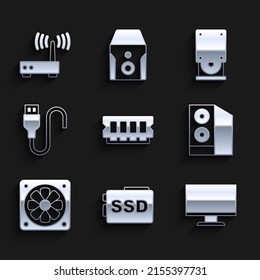 Set RAM, random access memory, SSD card, Computer monitor screen, Case of computer, cooler, USB cable cord, Optical disc drive and Router wi-fi signal icon. Vector