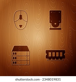 Set RAM, random access memory, Computer mouse, Server, Data, Web Hosting and Optical disc drive on wooden background. Vector