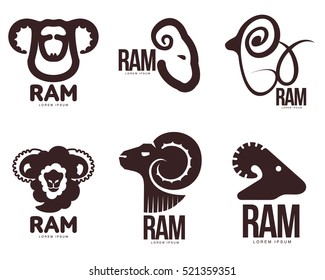 Set of ram, sheep, lamb head graphic logo templates, vector illustration on white background. Various black and white sheep, lamb, ram heads for business, farm, wool products logo design