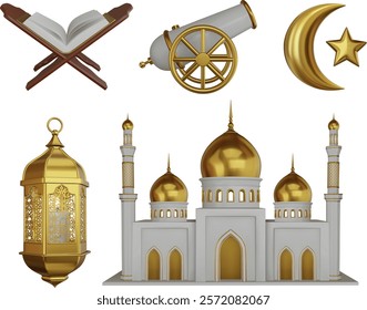 set of ramadan 3d elements. collection of realistic islamic elements. isolated koran, cannon, moon and star, lantern and mosque