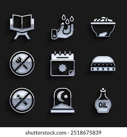 Set Ramadan calendar, Muslim cemetery, Essential oil bottle, hat for prayer, No Smoking, fasting, Date fruit bowl and Holy book of Koran icon. Vector