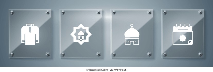 Set Ramadan calendar, Muslim Mosque,  and Shirt kurta. Square glass panels. Vector