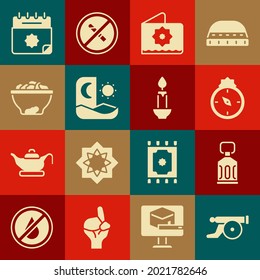Set Ramadan cannon, Kareem lantern, Qibla, Octagonal star, fasting, Date fruit bowl, calendar and Burning candle icon. Vector