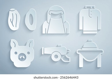 Set Ramadan cannon, Shirt kurta, Pig, Table food, Muslim woman in niqab and Date fruit icon. Vector