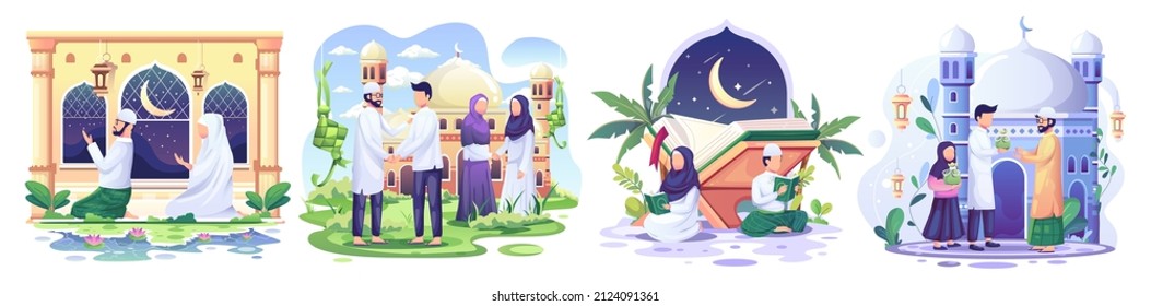Set of Ramadan concept illustration. Happy Muslim people celebrate Holy Month Ramadan, Read Qur'an, Zakat charity, Eid Mubarak greeting. vector illustration