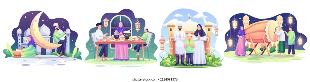 Set Of Ramadan Concept Illustration. Happy Muslim People Celebrate Holy Month Ramadan, Iftar, Read Qur'an, Eid Mubarak Greeting. Vector Illustration