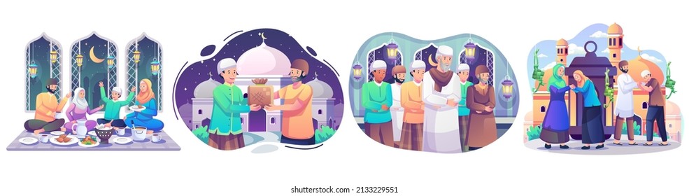 Set of Ramadan concept illustration. Happy Muslim people celebrate Holy Month Ramadan, Iftar Party, Reading Qur'an, Taraweeh, Eid Mubarak greeting. vector illustration