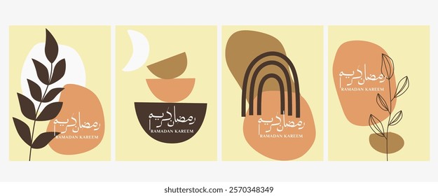 Set of ramadan design in boho style. Ramadan Kareem greetings with arabic calligraphy in geometric and floral background. Modern islamic design for greeting card, wallpaper, etc. Vector Illustration 