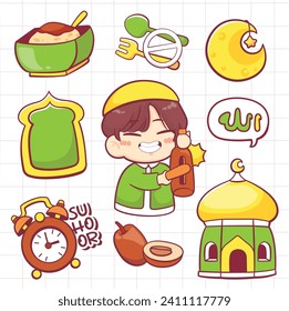 Set of Ramadan doodle elements and muslim boy character  collection