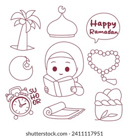 Set of Ramadan doodle elements and muslim hijab girl character  collection