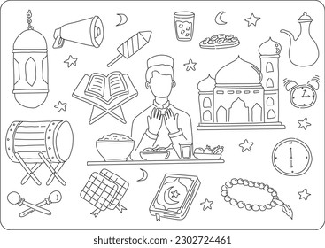 Rmadan-Doodle. Kawaii-Islamdoodle. eid Mubarak doodle. handgezeichnete Vektordoodle-Illustrationen einzeln auf weißem Hintergrund