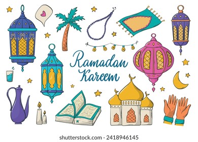 Set of Ramadan doodles, islamic clipart, cartoon elements for stickers, prints, cards, signs, sublimation, decor, etc. EPS 10