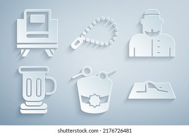 Set Ramadan drum, Muslim man, Medieval goblet, prays, Rosary beads religion and Holy book of Koran icon. Vector