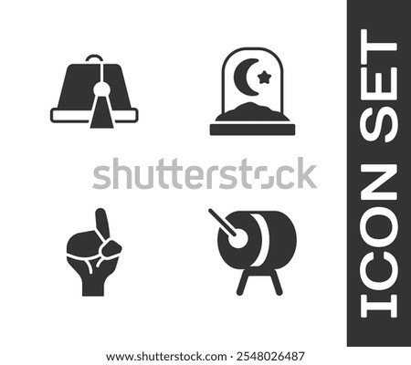 Set Ramadan drum, Turkish hat, Hands in praying position and Muslim cemetery icon. Vector