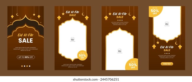 A set of Ramadan and Eid al-Fitr sale social media vertical posts or stories banner promotion templates. With a dark brown gradient background. islamic geometric icons and shape