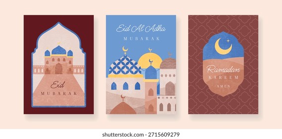 Conjunto de tarjetas de felicitación de Ramadán y Eid con mezquitas, cúpulas, lunas medialunas y patrones islámicos en colores pastel. Símbolos de celebración religiosa. Ilustración vectorial para el Anuncio, cartel, tarjeta.
