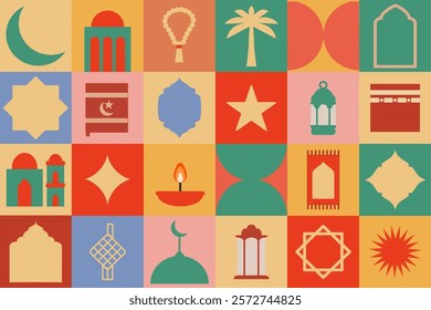 Set of ramadan and eid icon in simple style with bright colours. Islamic elements for islamic event design. Arabic design in bauhaus style.