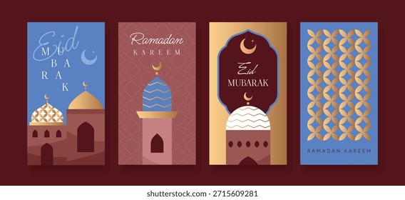 Conjunto de tarjetas de felicitación de Ramadán y Eid Mubarak con cúpulas de mezquita, minaretes, lunas de media luna y patrones geométricos de oro sobre fondos azules y rojos. Ilustración vectorial para tarjetas, Anuncios, Web.