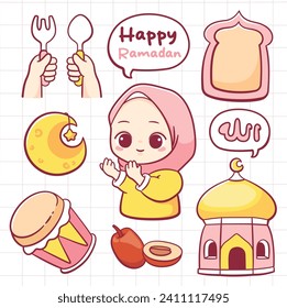 Set of Ramadan elements and muslim hijab girl character kawaii collection.translate: allah