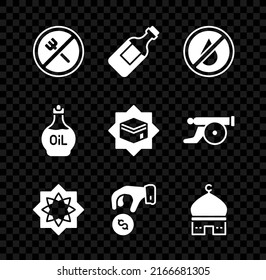 Set Ramadan fasting, Bottle of water, No, Octagonal star, Donate or pay your zakat, Muslim Mosque, Essential oil bottle and Kaaba mosque icon. Vector