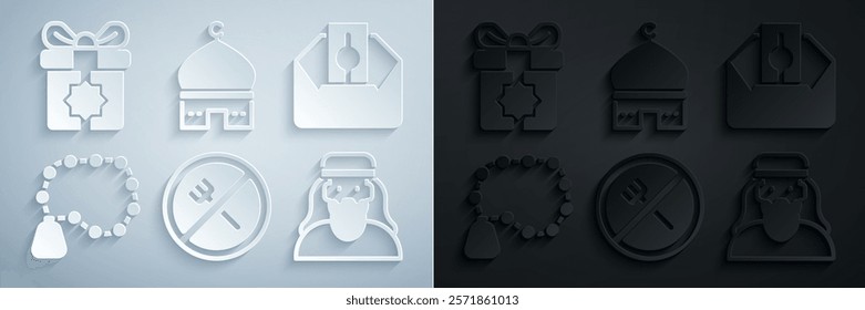 Set Ramadan fasting, Donate or pay your zakat, Rosary beads religion, Muslim man, Mosque and Gift box icon. Vector