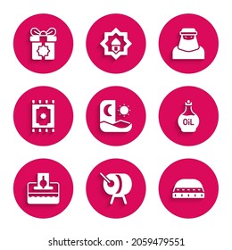 Set Ramadan fasting, drum, Muslim hat for prayer, Essential oil bottle, Donate pay your zakat, Traditional carpet, woman niqab and Gift box icon. Vector