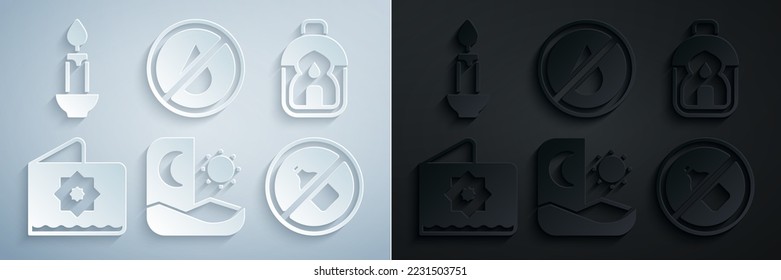 Set Ramadan fasting, Kareem lantern, Octagonal star, No alcohol, water and Burning candle icon. Vector