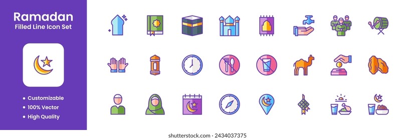 Conjunto de Iconos Planos de Ramadán. Colección tal icono como mezquita, ayuno, Kaaba, Corán, oración, Islam, religión, Eid, musulmán, iftar. Adecuado para ilustraciones web, páginas de héroes, páginas de destino.