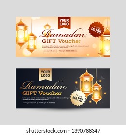 Set of Ramadan Gift Voucher with best offers and illuminated lanterns.