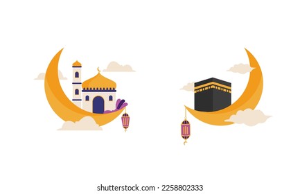 Set of Ramadan greeting card vector, Postcard social media. Holy month in islam religion. Mosque ramadan event in flat design cartoon style