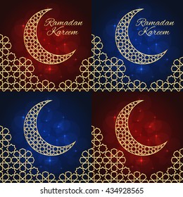 Set of ramadan greeting cards on multicolored backgrounds. Vector illustration. Ramadan Kareem means Ramadan is generous.
