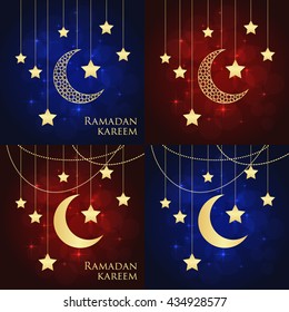 Set of ramadan greeting cards on multicolored backgrounds. Vector illustration. Ramadan Kareem means Ramadan is generous.