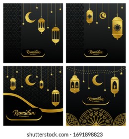 Set of ramadan greetings background with luxury gold style. happy ramadan 1441 or 2020, islamic event this year. crescent moon, lantern and stars on black background. postcard, media content. vector