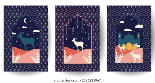 Set Ramadan holiday Backgrounds. Perfect Ramadan Kareem poster cover collection. Arabic vector invitation crad cover with sacrifice ram and mosque. EPS 10