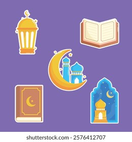 Set of ramadan icon graphic illustration, boho frame, lantern, mosque, moon, crescent moon flat design cartoon style