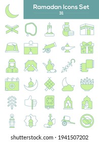 Set Of Ramadan Icon In Green And White Color.