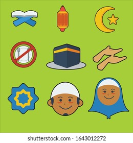 Set of Ramadan icons consisting The Holy Koran, Arabic lantern, crescent star logo, fasting, Kaaba, Muslim prayer hands, eight points star, Muslim man and woman
