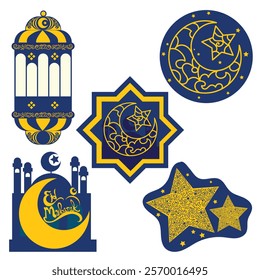 Set of Ramadan icons featuring lantern, crescent moon, star, mosque, and Eid Mubarak greeting ornament.