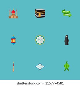 Set of ramadan icons flat style symbols with mosque, poster, ketupat and other icons for your web mobile app logo design.